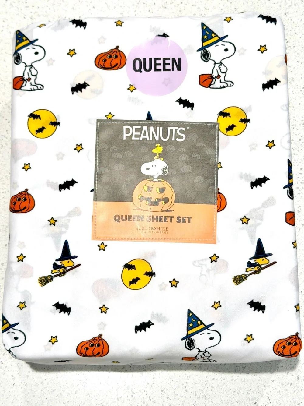 🎃Peanuts Halloween Snoopy Woodstock Witch Broomstick Moon Stars Queen Sheet Set